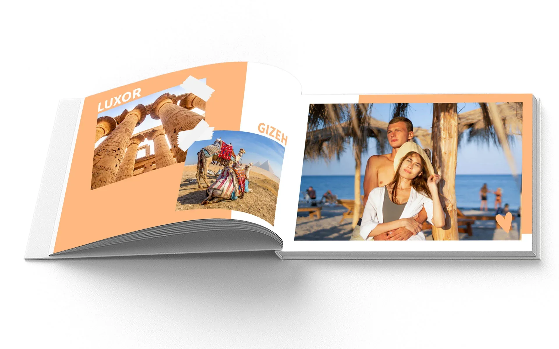 Happy Fotobuch ca. A4 quer Ein aufgeschlagenes Happy Fotobuch im Format ca. A4 quer mit dem Text Luxor, Gizeh zeigt ein Pärchen im Urlaub.