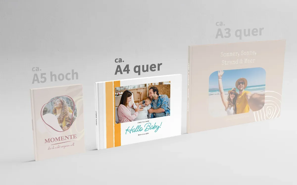 HappyFotobuch ca. A4 quer 3 Happy Fotobücher in den Formaten ca. A5 hoch, ca. A4 quer und ca. A3 quer nebeneinander. Das Format ca. A4 quer ist hervorgehoben.