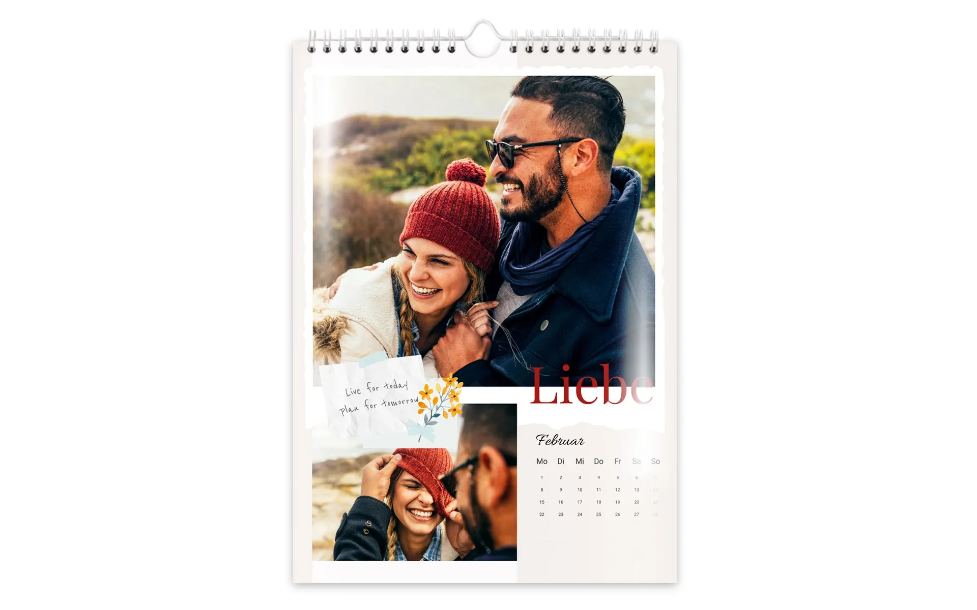 HappyFotokalender ca. A3 hoch Ein HappyFotokalender ca. A3 hoch mit dem Text Liebe zeigt ein Pärchen und ein Blumen Clipart.