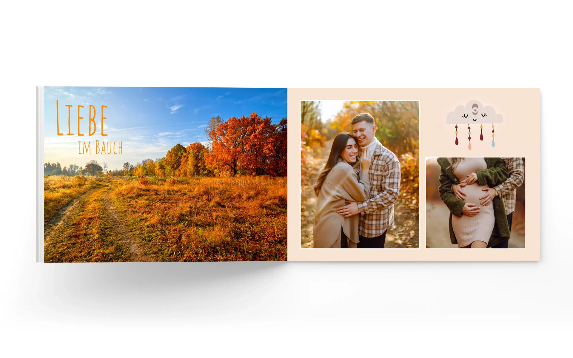 Happy Fotobuch ca. 13 x 19 cm Ein aufgeschlagenes Happy Fotobuch im Format ca. 13 x 19 cm mit dem Text Liebe im Bauch zeigt ein Pärchen in einer herbstlichen Landschaft.