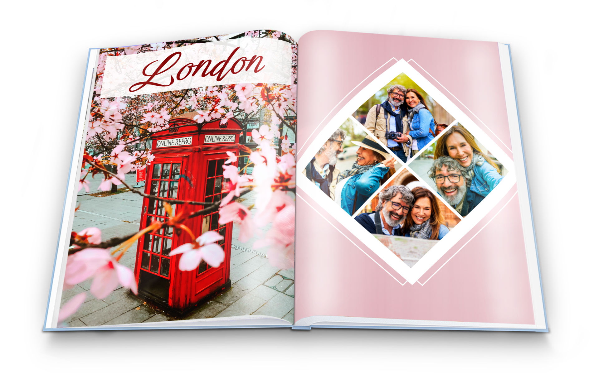 Ein aufgeschlagenes Buch mit einer roten Telefonzelle in London und Fotos von lächelnden Paaren.