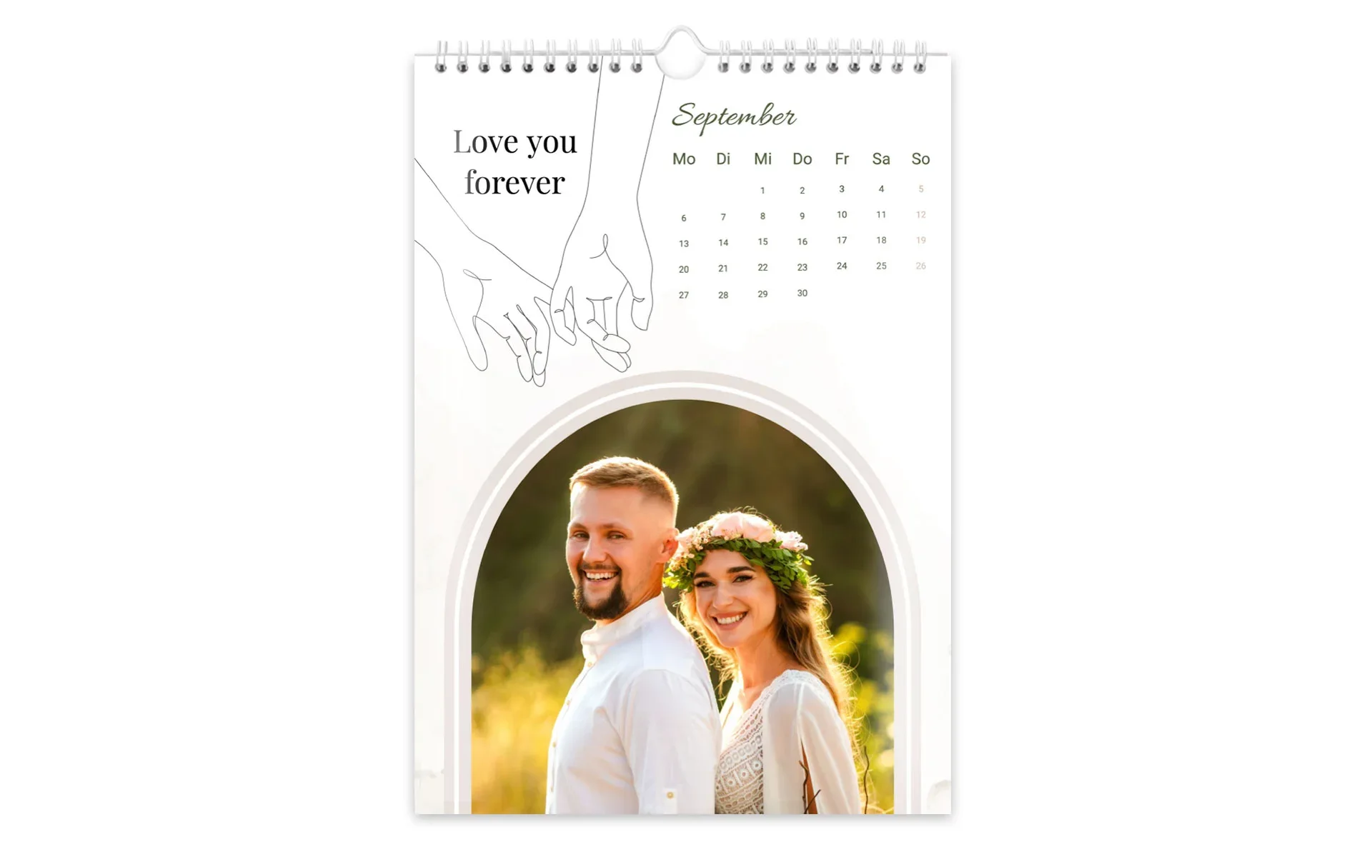 Ein HappyFotokalender ca. A4 hoch mit dem Text Love you forever zeigt ein Brautpaar und ein Hände Clipart.