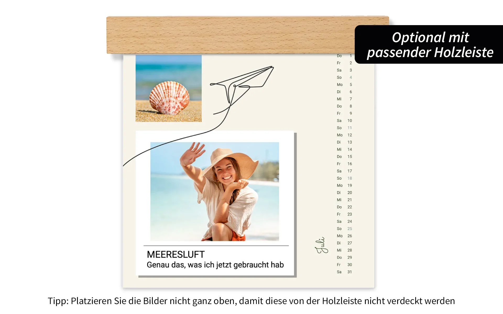 HappyFotokalender ca. 21 x 21 cm mit Holzleiste Ein HappyFotokalender ca. 21 x 21 cm mit Holzleiste mit dem Text Meeresluft zeigt eine junge Frau am Strand.