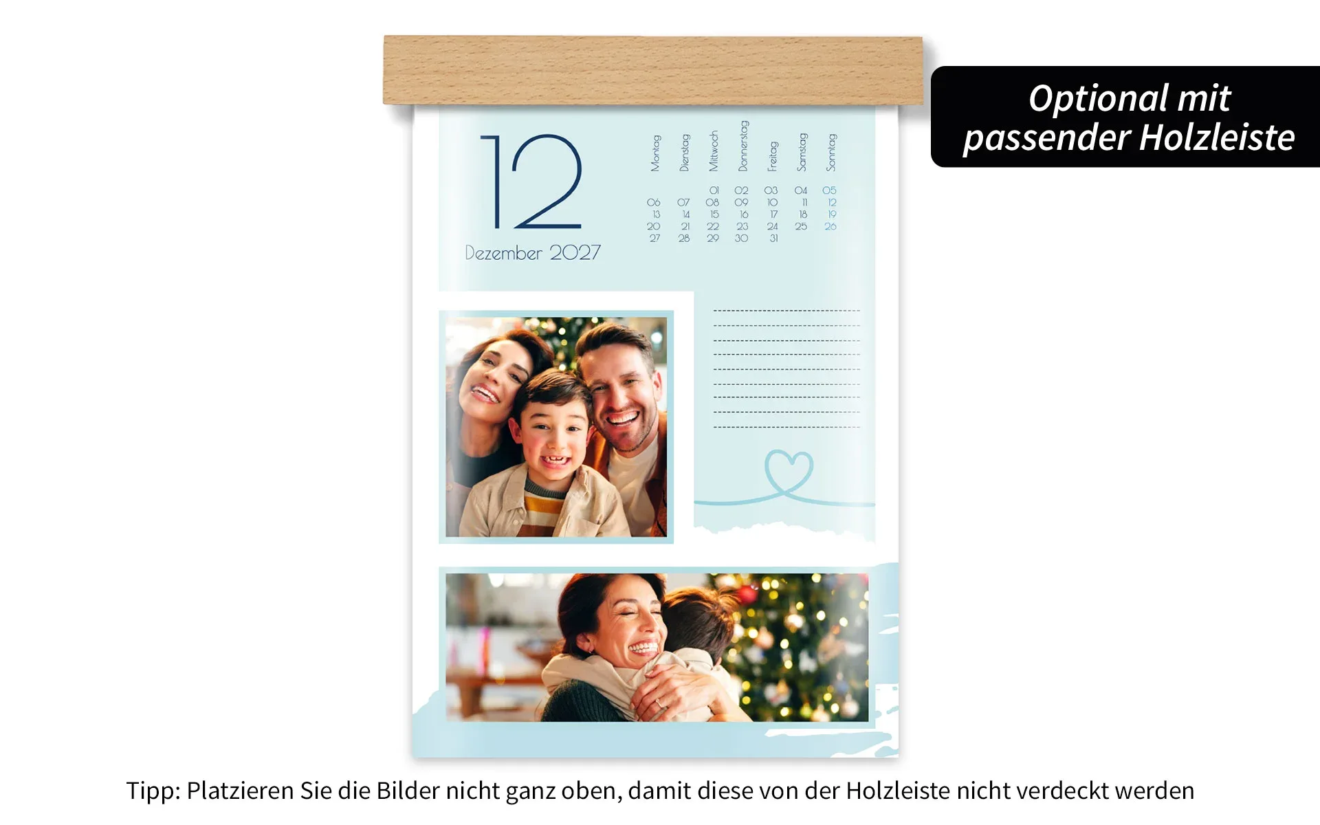 Ein HappyFotokalender ca. A4 hoch mit Holzleiste zeigt eine Familie an Weihnachten und ein Herz Clipart.