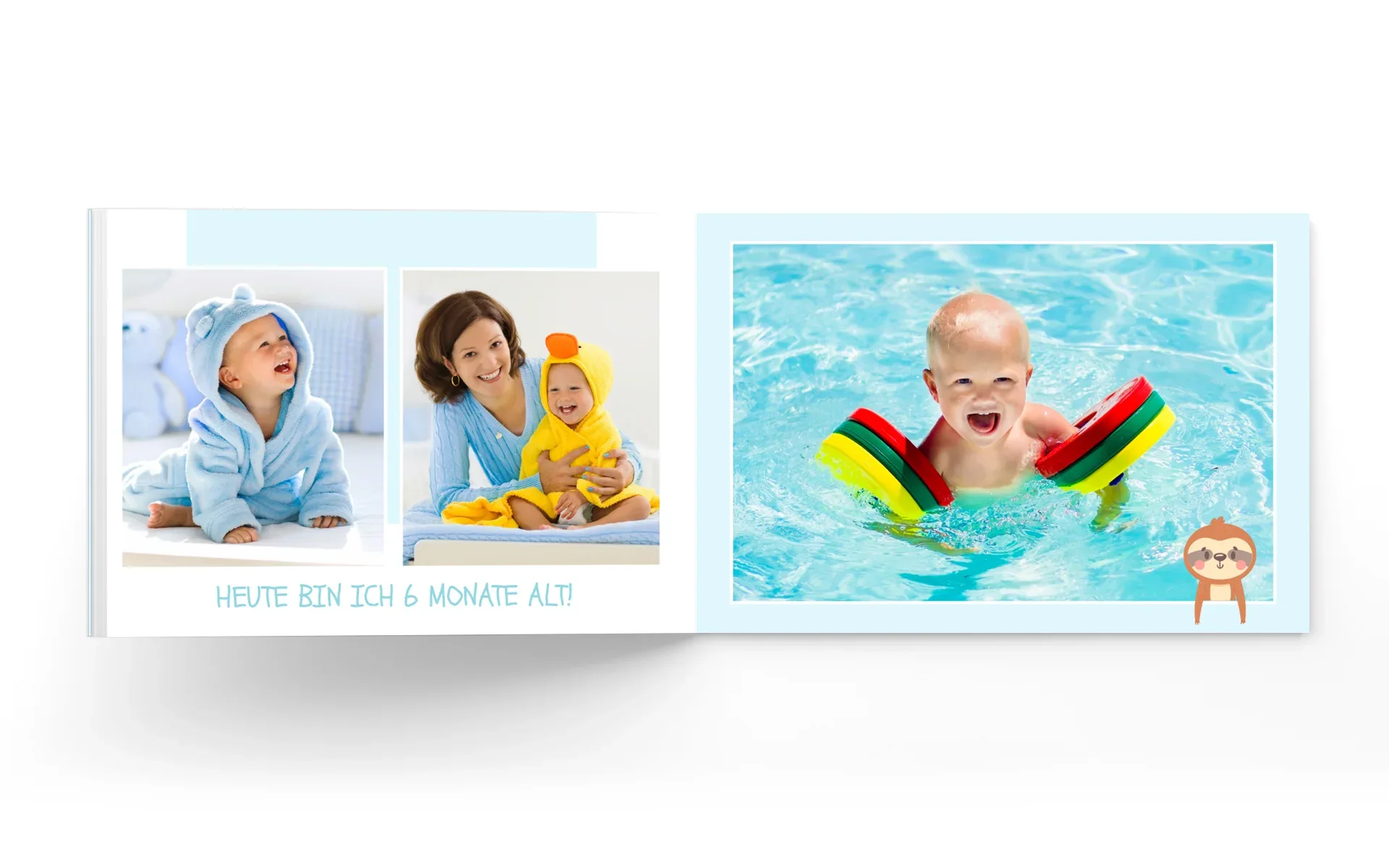 Ein aufgeschlagenes Happy Fotobuch im Format ca. 10 x 15 cm mit dem Text Heute bin ich 6 Monate alt zeigt eine Frau und ein Baby.
