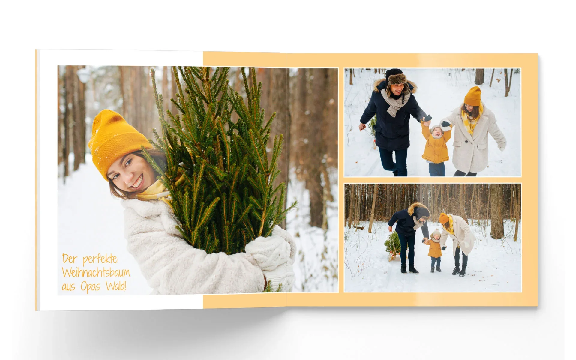 Happy Fotobuch ca. 30 x 30 cm Ein aufgeschlagenes Happy Fotobuch im Format ca. 30 x 30 cm mit dem Text Der perfekte Weihnachtsbaum aus Opas Wald zeigt eine Familie in einem verschneiten Wald.