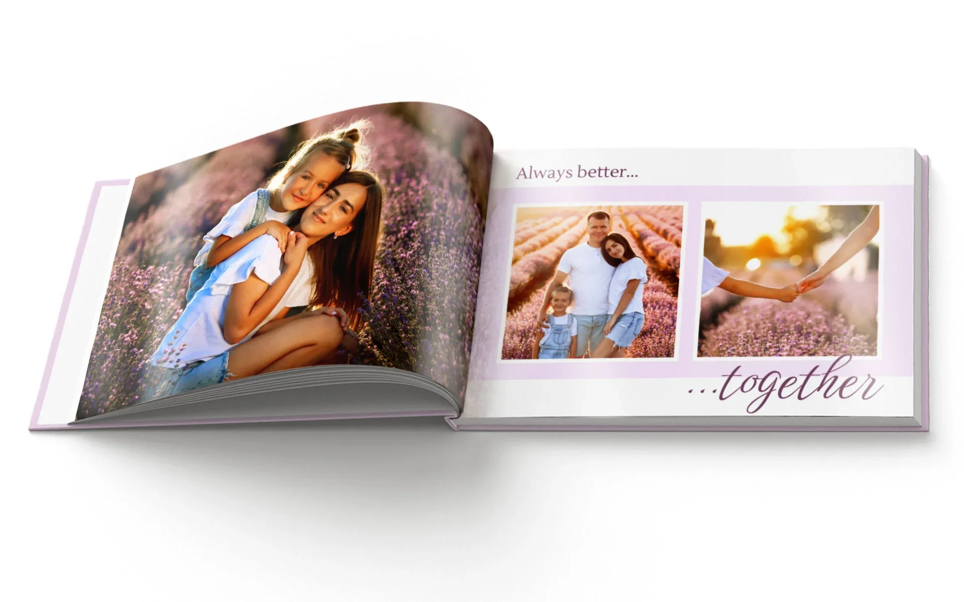 Ein aufgeschlagenes Happy Fotobuch im Format ca. A4 quer mit dem Text Always better together zeigt eine Familie in einem Lavendelfeld.