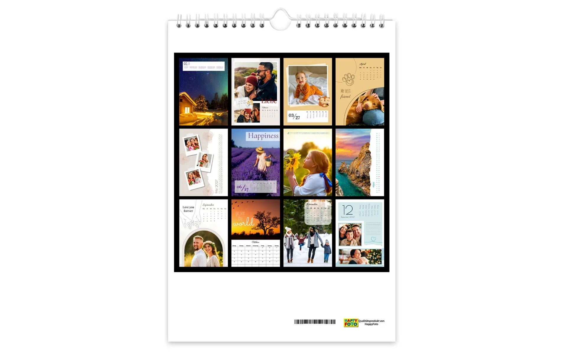 HappyFotokalender – Übersicht auf der Rückseite Rückseite eines HappyFotokalender auf der eine Übersicht der verschiedenen Monate zu sehen ist.