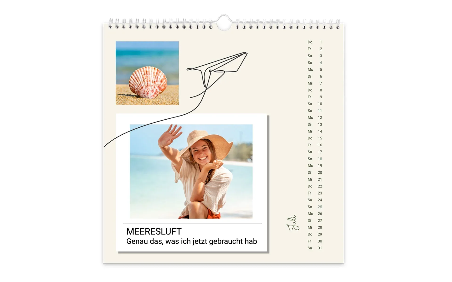HappyFotokalender ca. 21 x 21 cm Ein HappyFotokalender ca. 21 x 21 cm mit dem Text Meeresluft zeigt eine junge Frau am Strand.