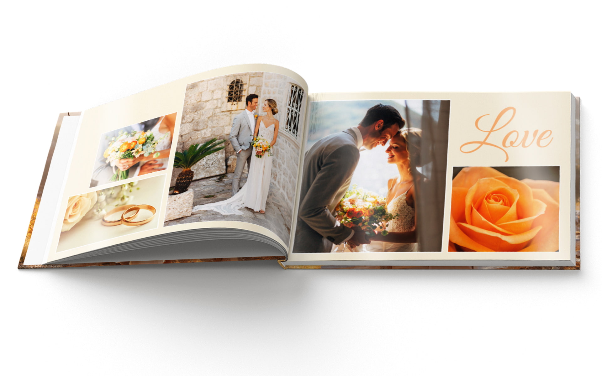 Ein offenes Fotoalbum mit Hochzeitsbildern und einer Darstellung von Ringen und einer Rose.