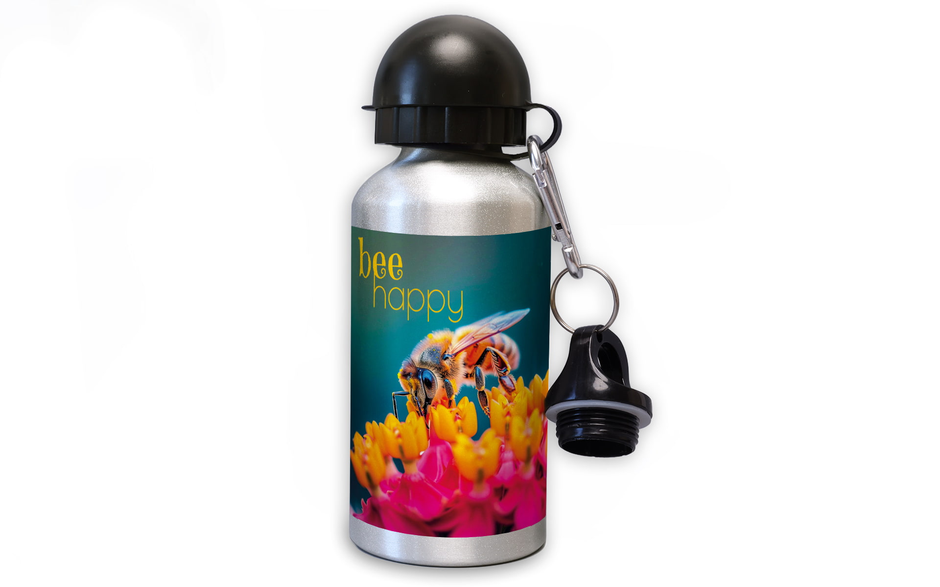 Eine Wasserflasche mit einer Biene auf bunten Blumen und dem Text „bee happy“.