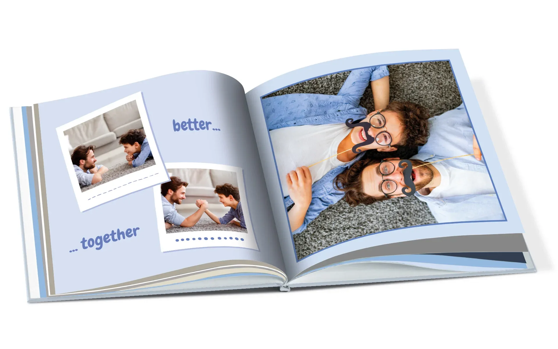 Ein aufgeschlagenes Happy Fotobuch im Format ca. 20 x 20 cm mit dem Text better together zeigt einen Vater mit seinem Sohn.