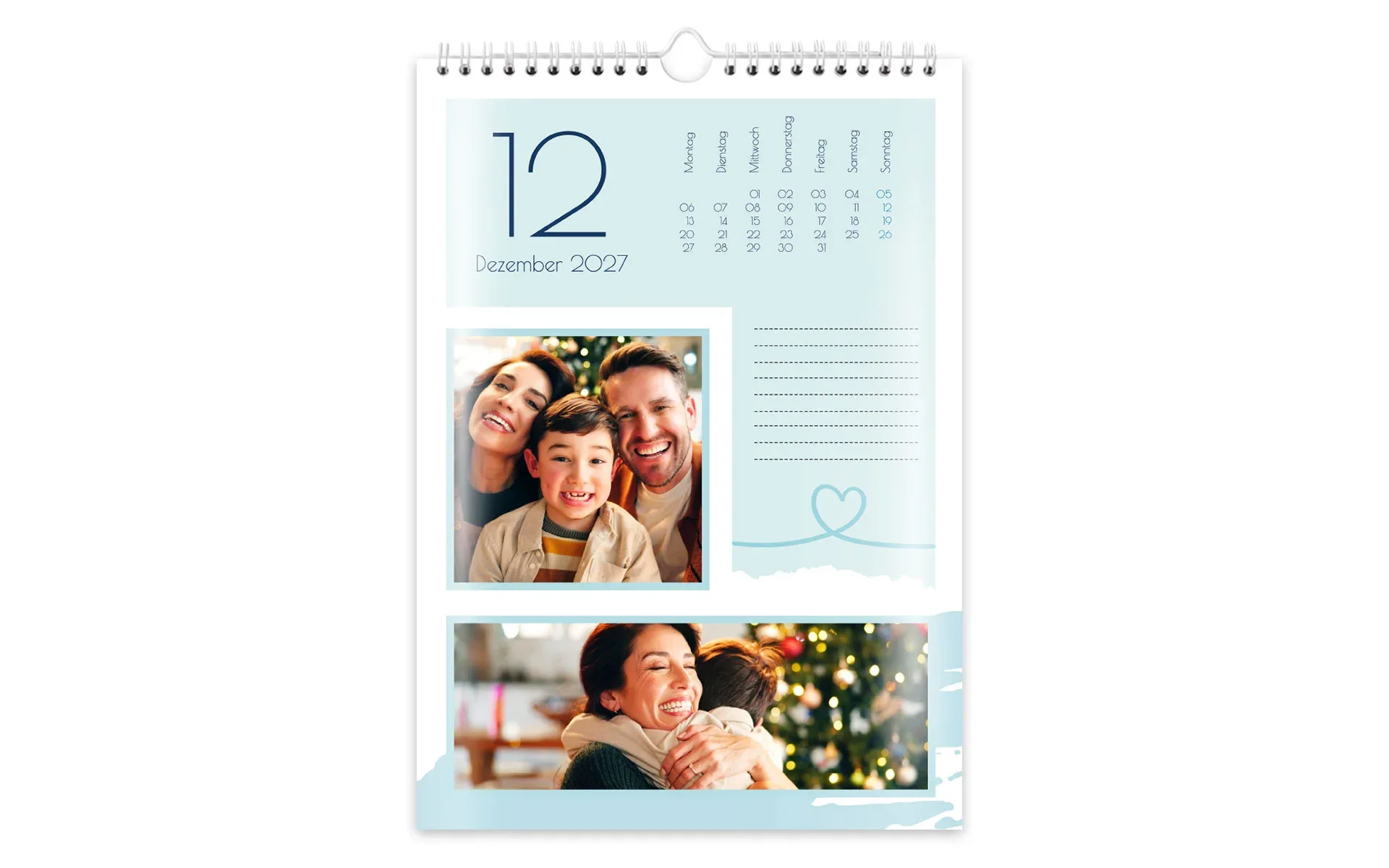 Ein HappyFotokalender ca. A4 hoch zeigt eine Familie an Weihnachten und ein Herz Clipart.