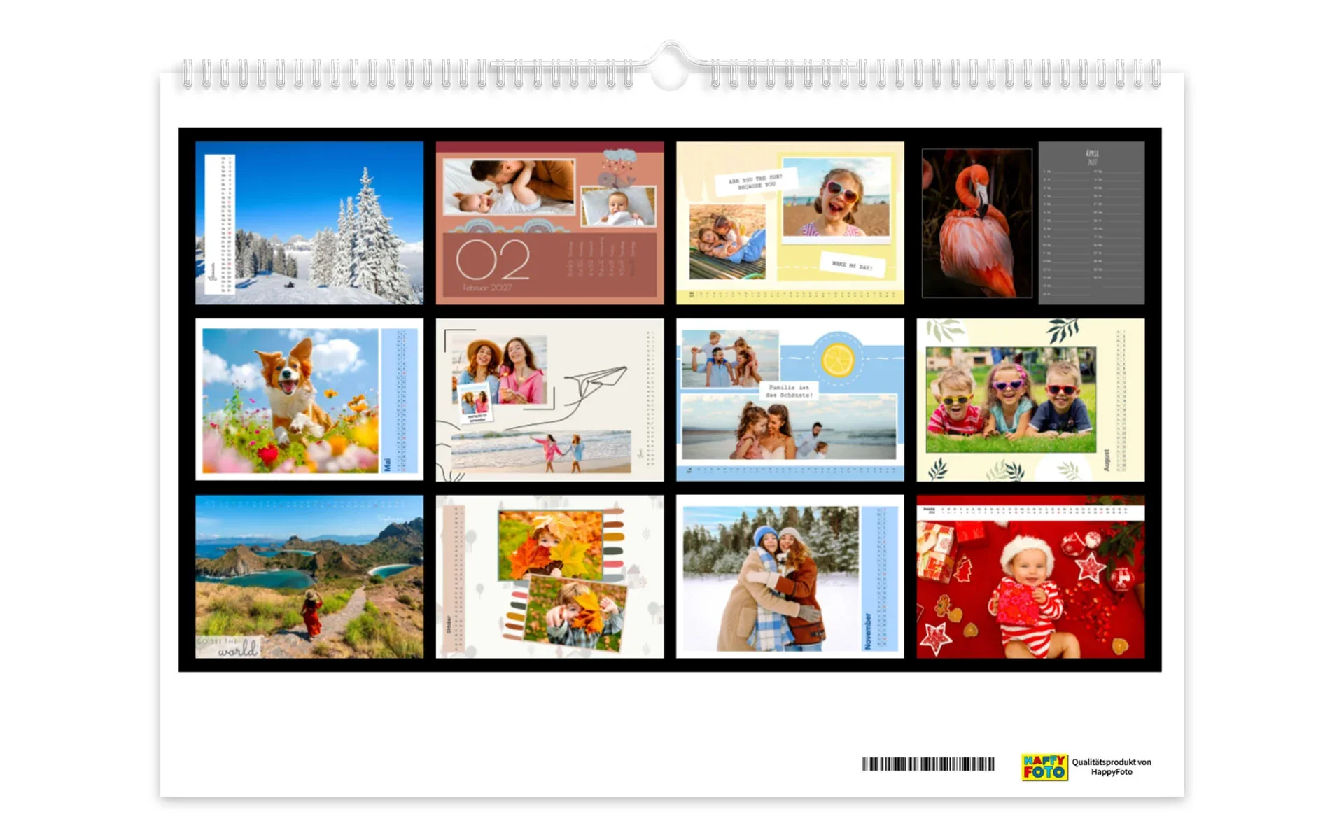 Rückseite eines HappyFotokalender auf der eine Übersicht der verschiedenen Monate zu sehen ist.