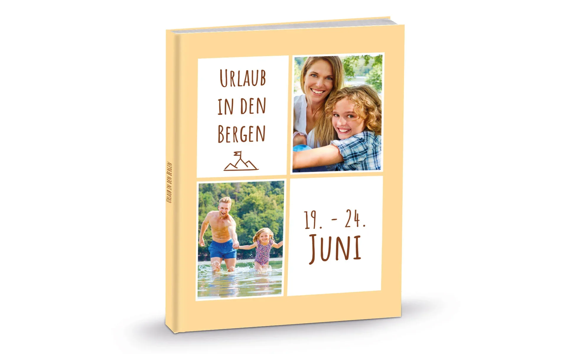 Ein aufgestelltes Happy Fotobuch ca. A4 hoch mit dem Titel Urlaub in den Bergen zeigt eine Familie in der Natur.