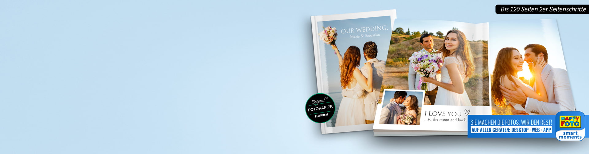 Hochzeitsfotobuch mit Paaren in romantischen Posen und Bildern von der Hochzeit, umgeben von sanftem Hintergrund.