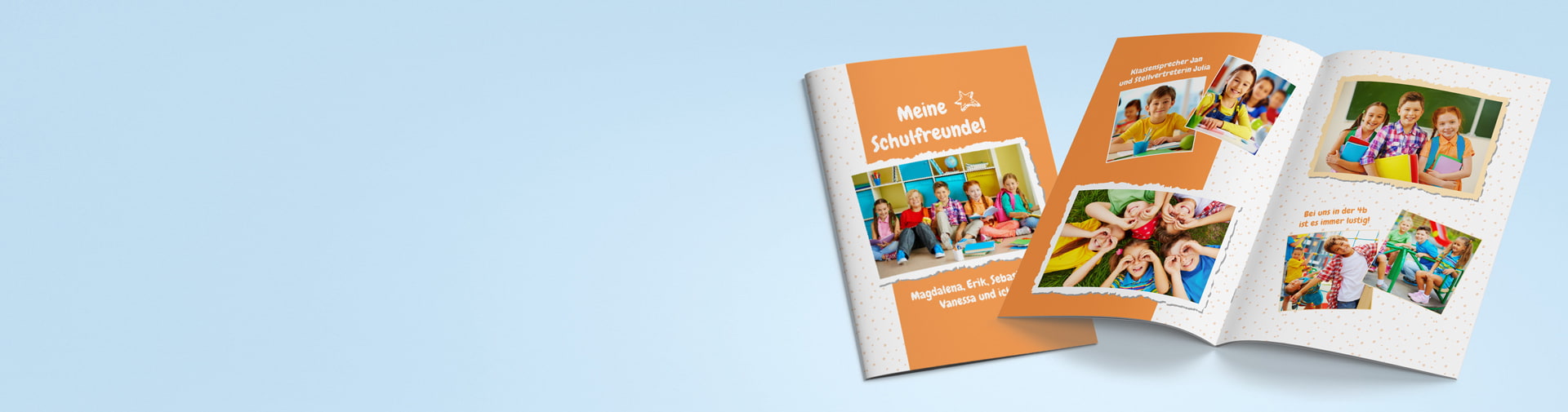 Faltblatt mit Bildern von Meer und Hund, betont Liebe zum Meer und zur Natur.