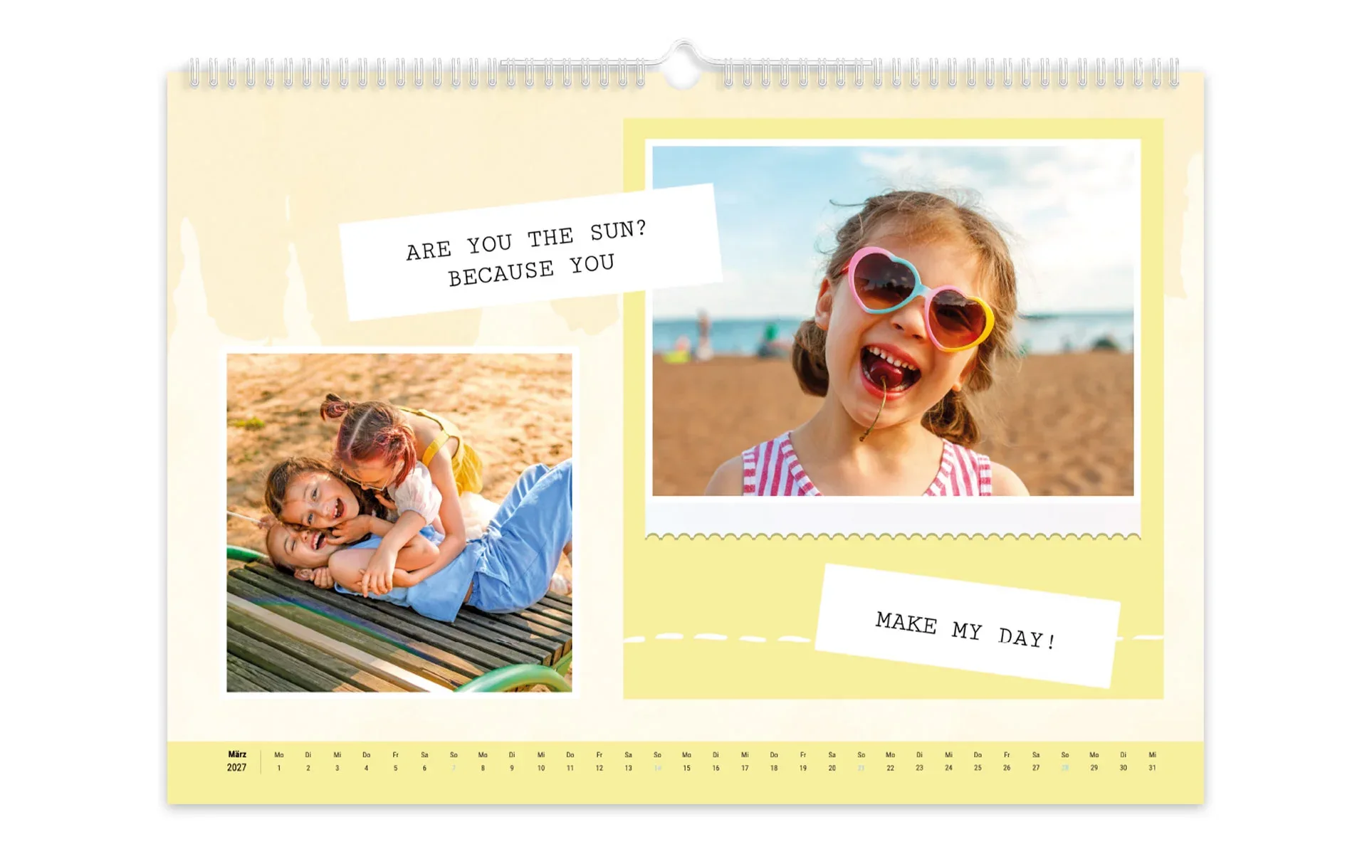 HappyFotokalender ca. A3 quer Ein HappyFotokalender ca. A3 quer zeigt drei Mädchen am Strand vor gelbem Hintergrund.