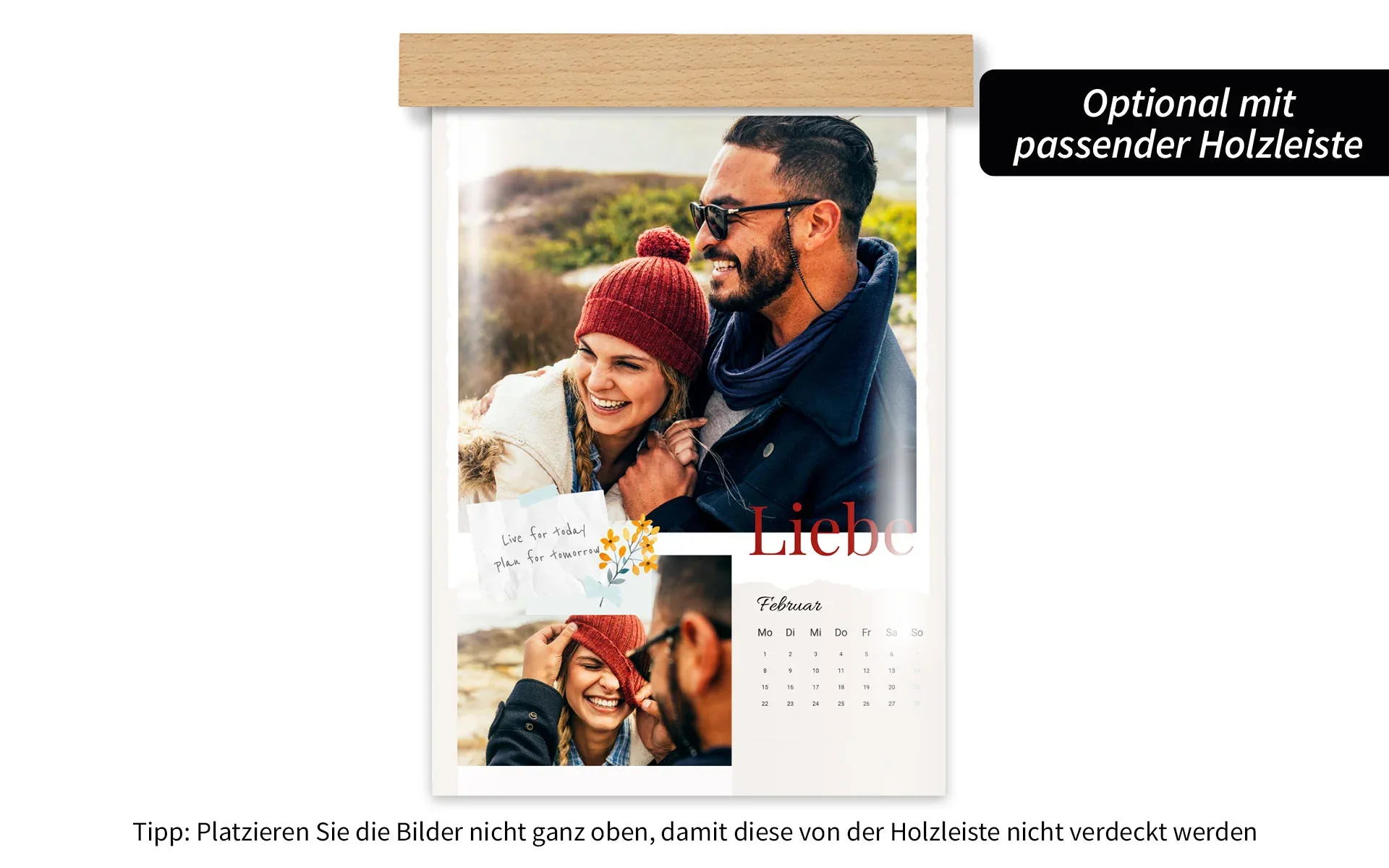 HappyFotokalender ca. A3 hoch mit Holzleiste Ein HappyFotokalender ca. A3 hoch mit Holzleiste mit dem Text Liebe zeigt ein Pärchen und ein Blumen Clipart.