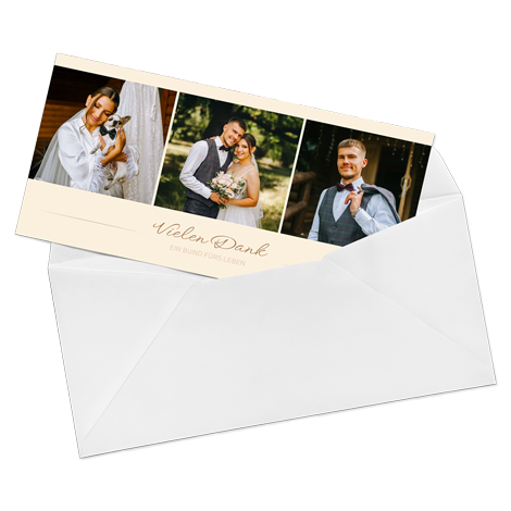 Eine Dankeskarte in einem Umschlag mit Hochzeitsfotos und dem Text "Vielen Dank".