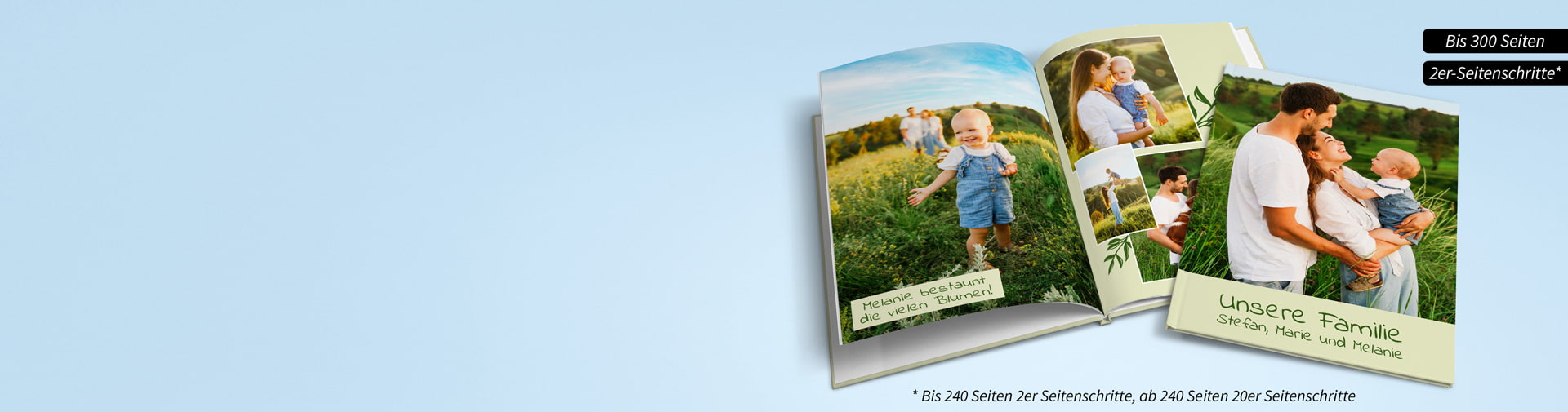 Ein aufgeschlagenes Fotobuch mit Familienbildern und der Aufschrift
