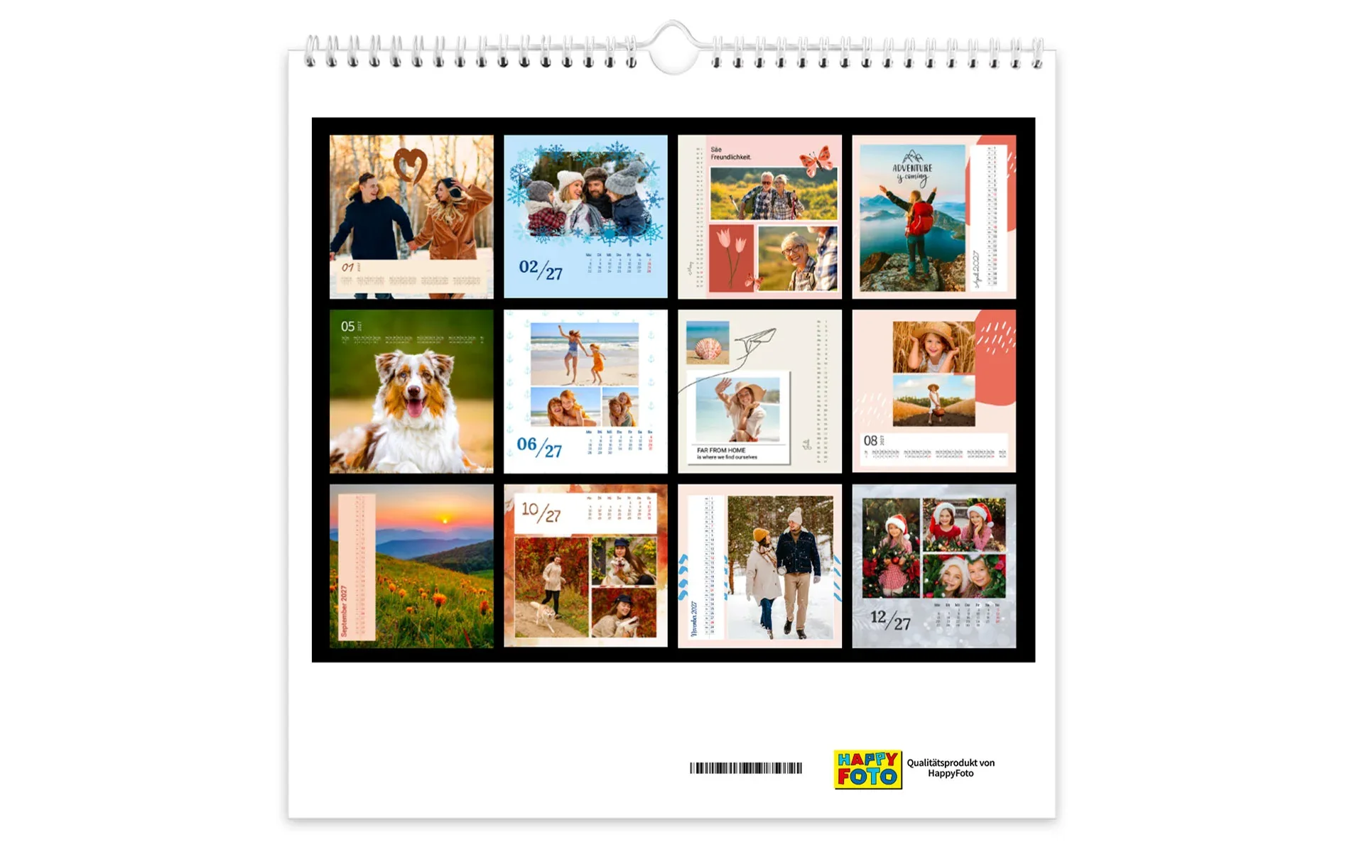 HappyFotokalender – Übersicht auf der Rückseite Rückseite eines HappyFotokalender auf der eine Übersicht der verschiedenen Monate zu sehen ist.