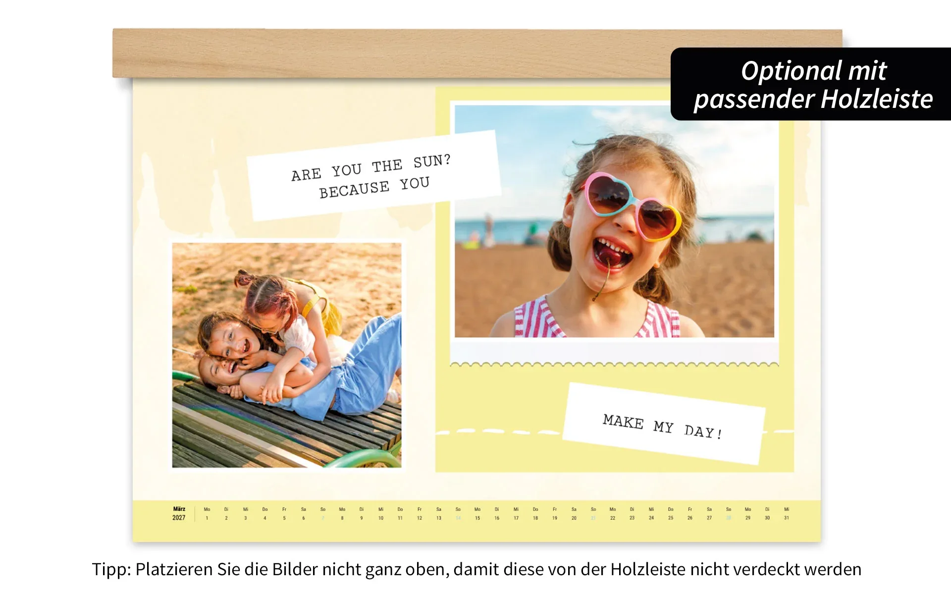 HappyFotokalender ca. A3 quer mit Holzleiste Ein HappyFotokalender ca. A3 quer mit Holzleiste zeigt drei Mädchen am Strand vor gelbem Hintergrund.