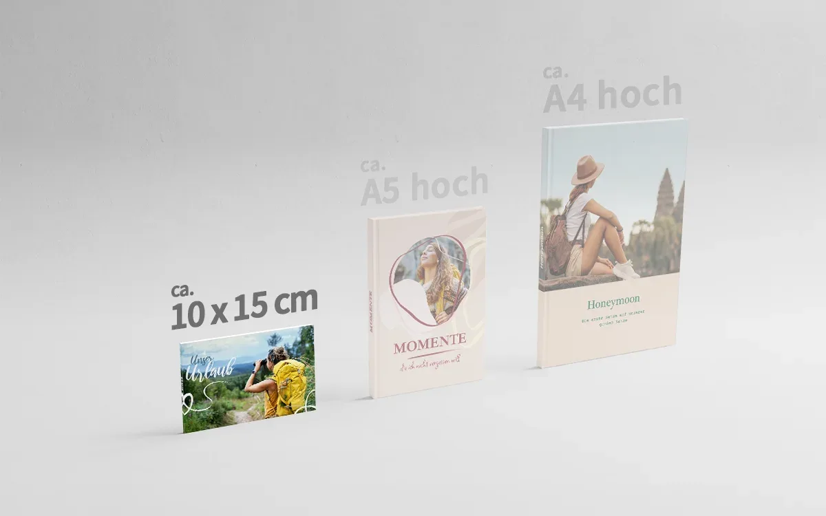 3 Happy Fotobücher in den Formaten ca. 10 x 15 cm, ca. A5 hoch und ca. A4 hoch nebeneinander. Das Format ca. 10 x 15 cm ist hervorgehoben.