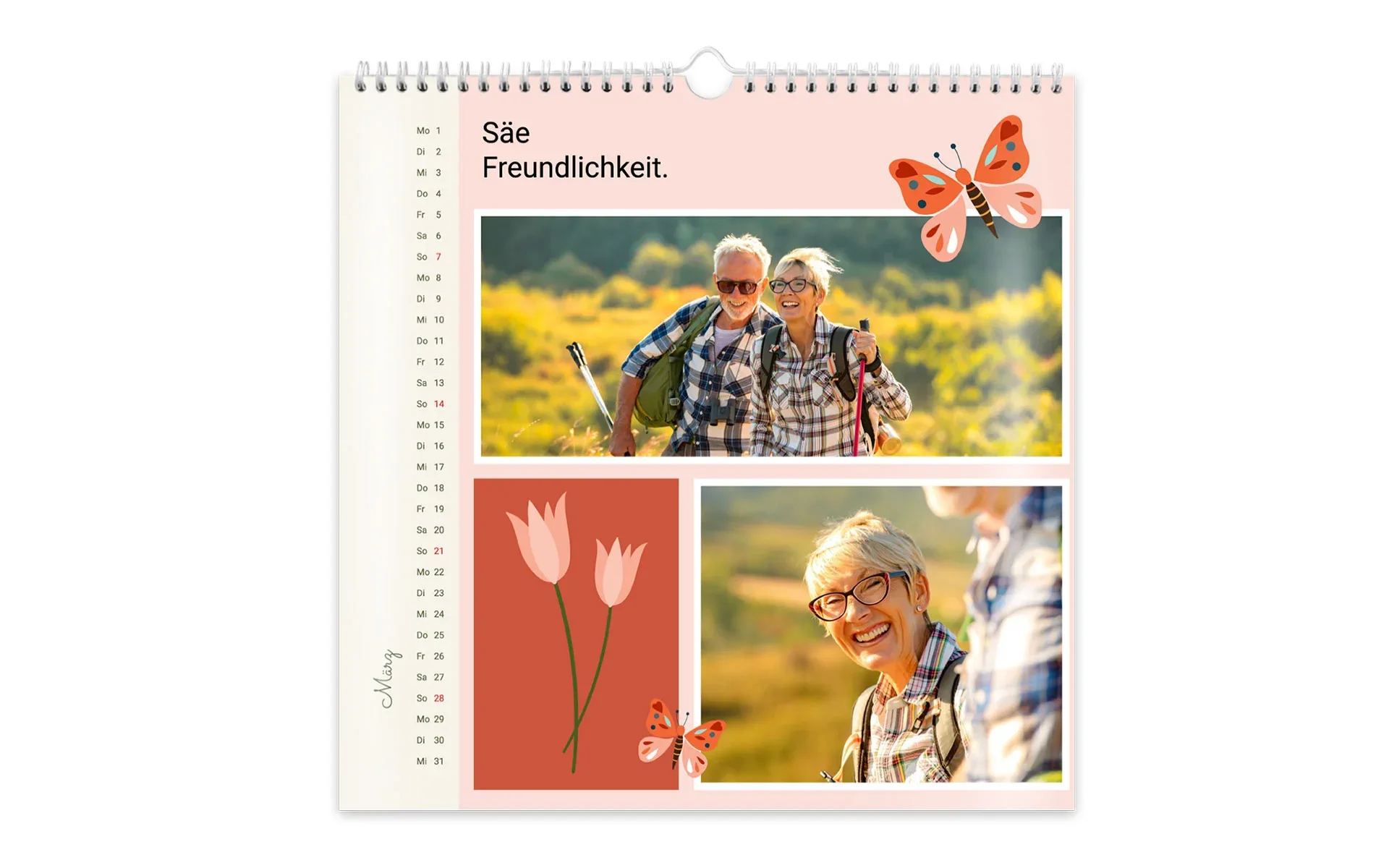 HappyFotokalender ca. 30 x 30 cm Ein HappyFotokalender ca. 30 x 30 cm mit dem Text Säe Freundlichkeit zeigt 2 Fotos eines Paares vor rosa Hintergrund und Schmetterling Cliparts.