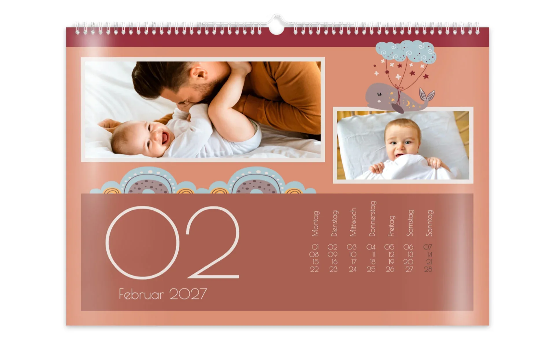 HappyFotokalender ca. A4 quer Ein HappyFotokalender ca. A4 quer zeigt 2 Fotos von einem Baby und bunte Cliparts.