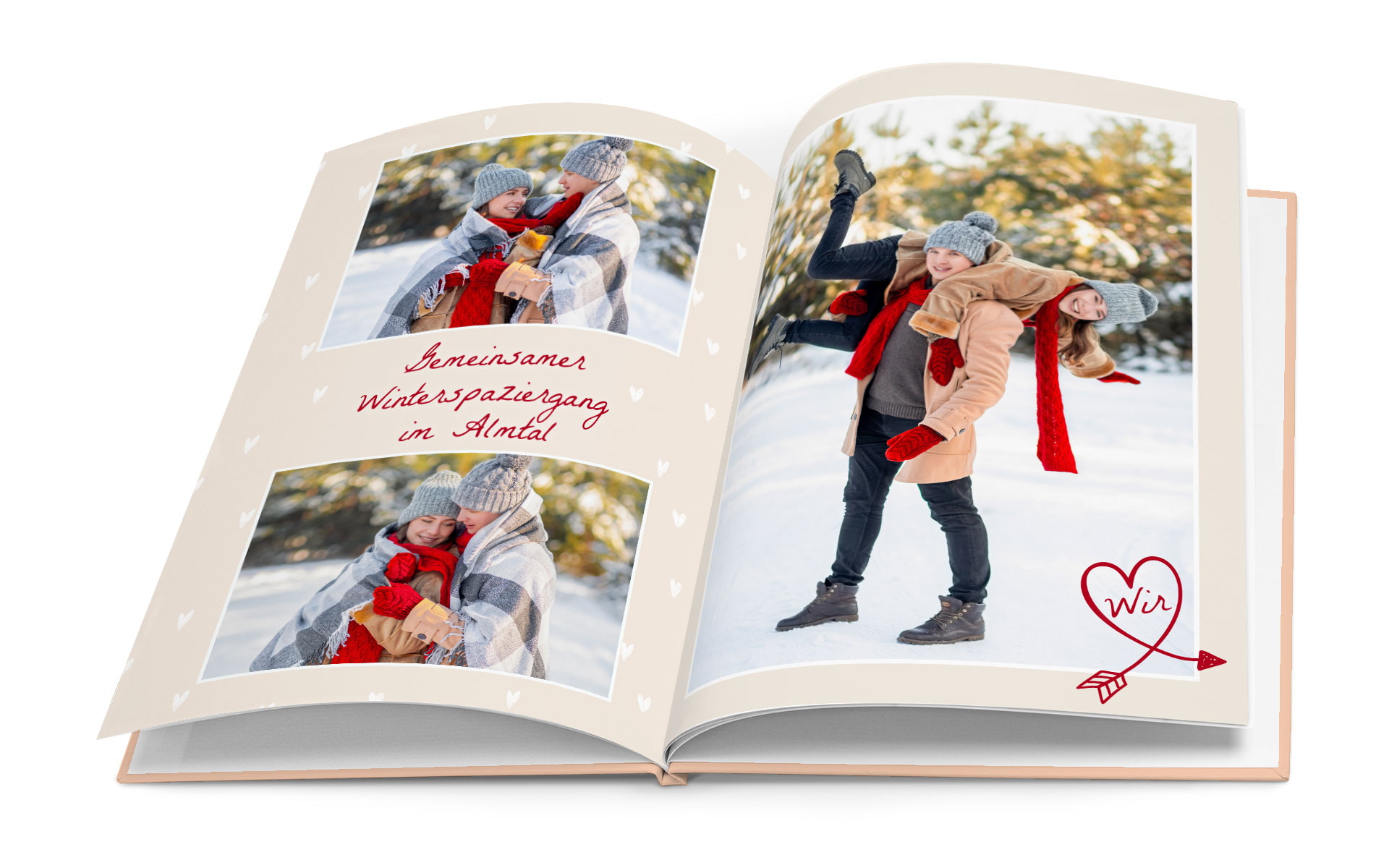 Zwei Personen genießen einen Winterspaziergang im Schnee, umgeben von Bäumen. Text auf der Seite beschreibt das Erlebnis.