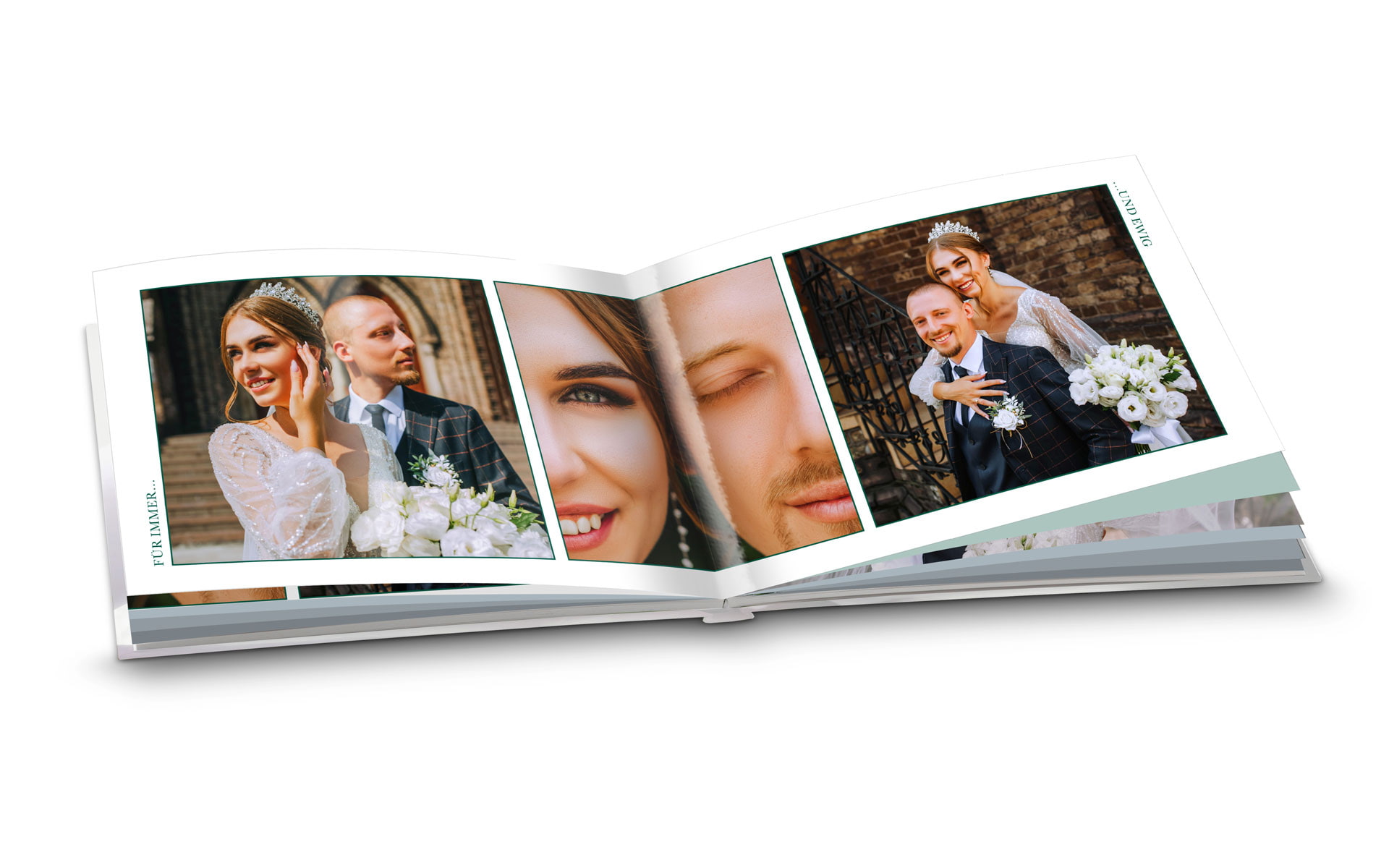 Hochzeitsalbum mit Fotos eines glücklichen Paares, das liebevoll miteinander interagiert und Blumen hält.